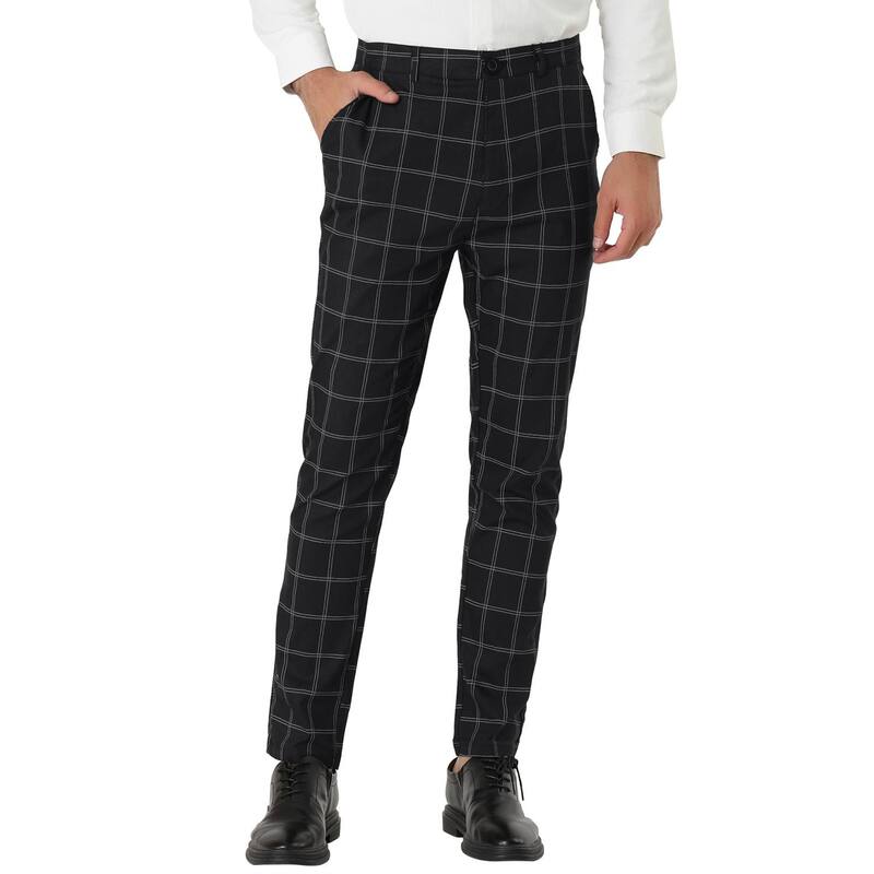 Lars Amadeus レディース ボトムス カジュアルパンツ スリムフィット Lars Amadeus Men Plaid Slim Fit Flat Front Dress Pants With Pockets Black ブラック