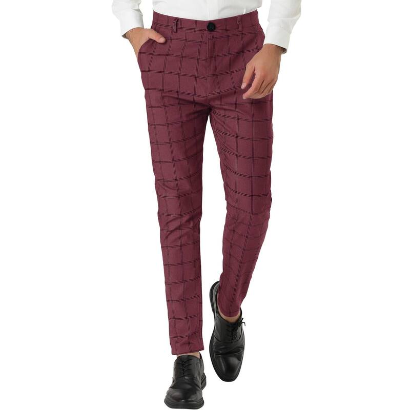 Lars Amadeus レディース ボトムス カジュアルパンツ スリムフィット Lars Amadeus Men Plaid Slim Fit Flat Front Dress Pants With Pockets Burgundy バーガンディ