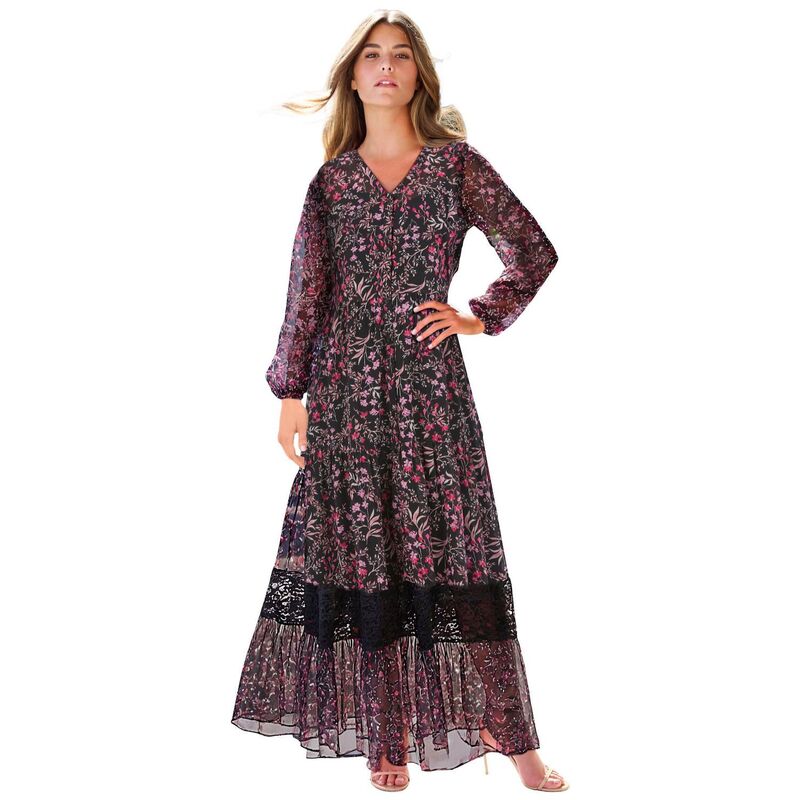 ロアマンズ レディース トップス ワンピース ティアード プラスサイズ レース マキシ Roaman's Women's Plusize Lace Tiered Maxi Dress Pink Floral Print ピンク｜ReVida 店