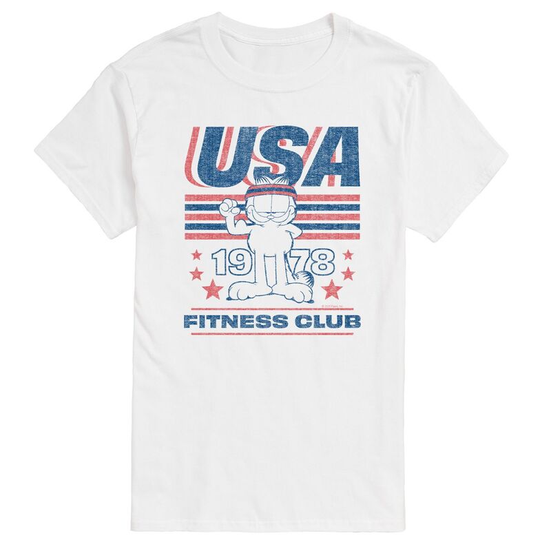 アニメキャラクター レディース トップス Tシャツ グラフィック Licensed Character Men's Garfield USA Fitness Club Distressed Graphic Tee White ホワイト