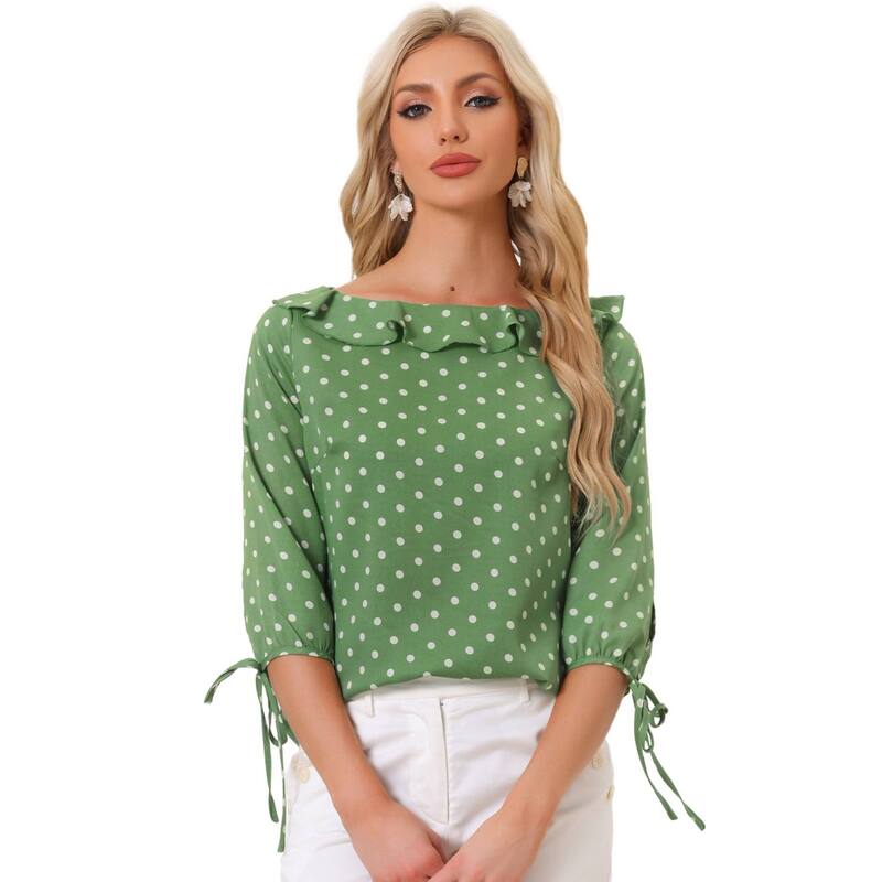 アレグラ ケー レディース トップス プルオーバー ヴィンテージ 点点 フラウンス トップ ALLEGRA K Women\u0027s Vintage 3/4 Sleeve Tops Boat Neck Ruffled Polka Dots Blouse Dusty Green 緑であること