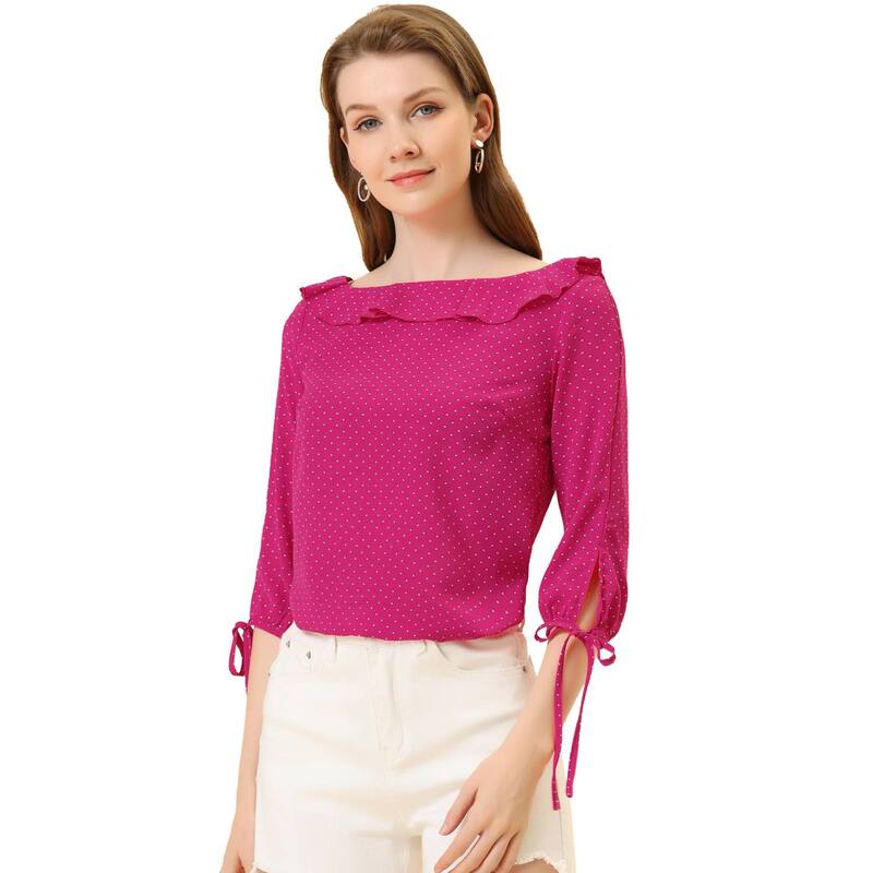 アレグラ ケー レディース トップス シャツ ヴィンテージ ドット フリル ブラウス ALLEGRA K Women Vintage 3/4 Sleeve Tops Boat Neck Ruffled Polka Dots Blouse Hot Pink ピンク