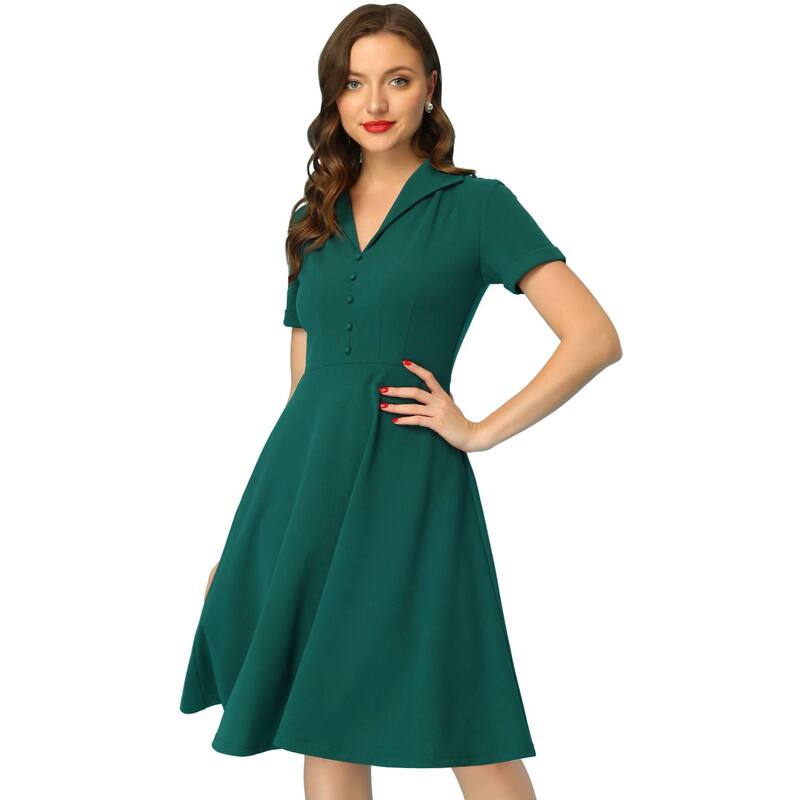 アレグラ ケー レディース トップス ワンピース Vネック ヴィンテージ ボタンダウン A ライン ダウン ALLEGRA K Women's 1950s Retro Vintage Short Sleeve V Neck Button Down A-line Swing Dresses Dark Green グリーン|ReVida 店