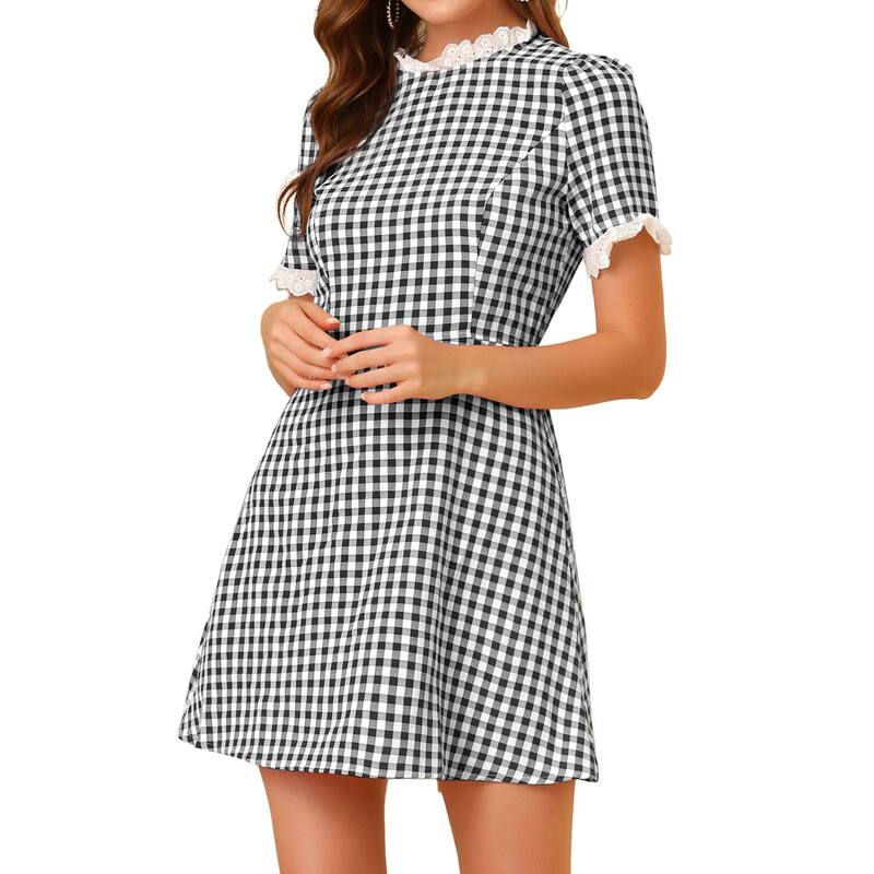 アレグラ ケー レディース トップス ワンピース ヴィンテージ フリル コントラスト ALLEGRA K Women's Ruffle Neck Contrast Panel Color Vintage Short Sleeve Dresses Black ブラック