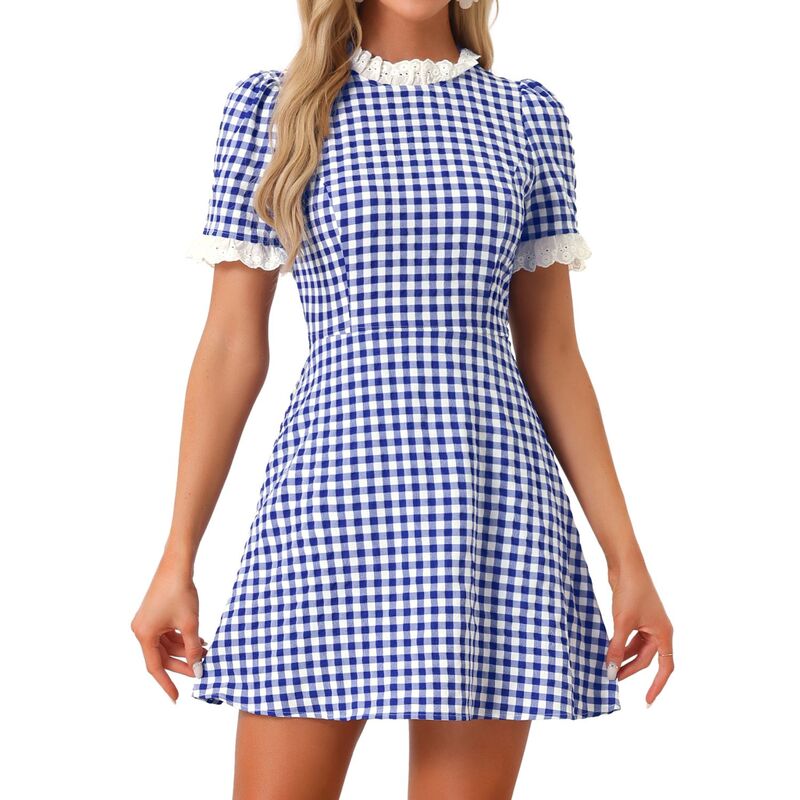アレグラ ケー レディース トップス ワンピース ヴィンテージ フリル コントラスト ALLEGRA K Women's Ruffle Neck Contrast Panel Color Vintage Short Sleeve Dresses Blue White ホワイト
