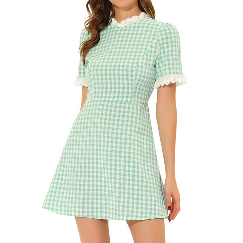 アレグラ ケー レディース トップス ワンピース ヴィンテージ フリル コントラスト ALLEGRA K Women's Ruffle Neck Contrast Panel Color Vintage Short Sleeve Dresses Green グリーン