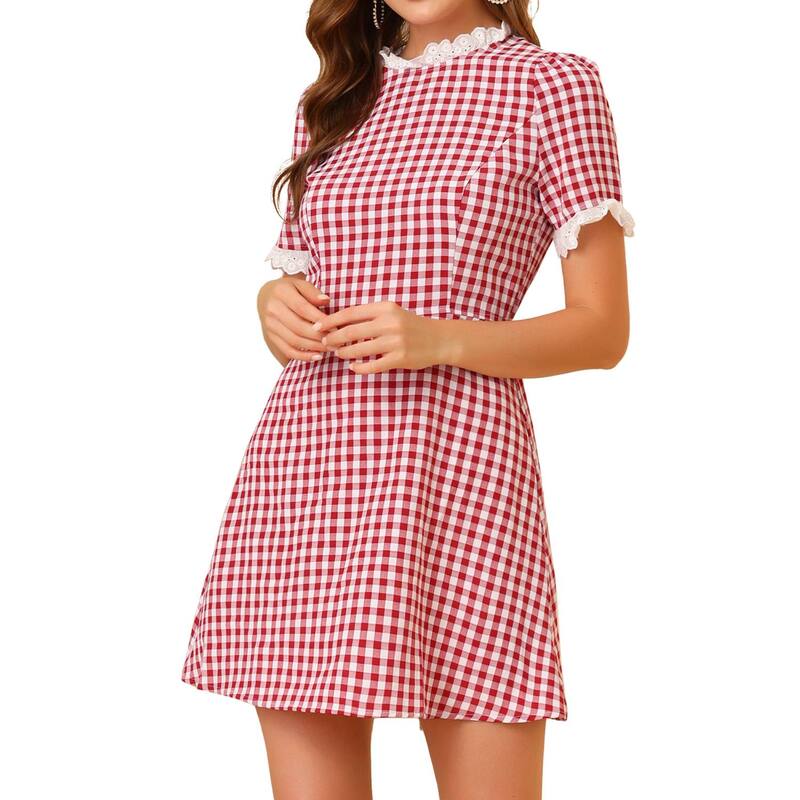 アレグラ ケー レディース トップス ワンピース ヴィンテージ フリル コントラスト ALLEGRA K Women's Ruffle Neck Contrast Panel Color Vintage Short Sleeve Dresses Red レッド