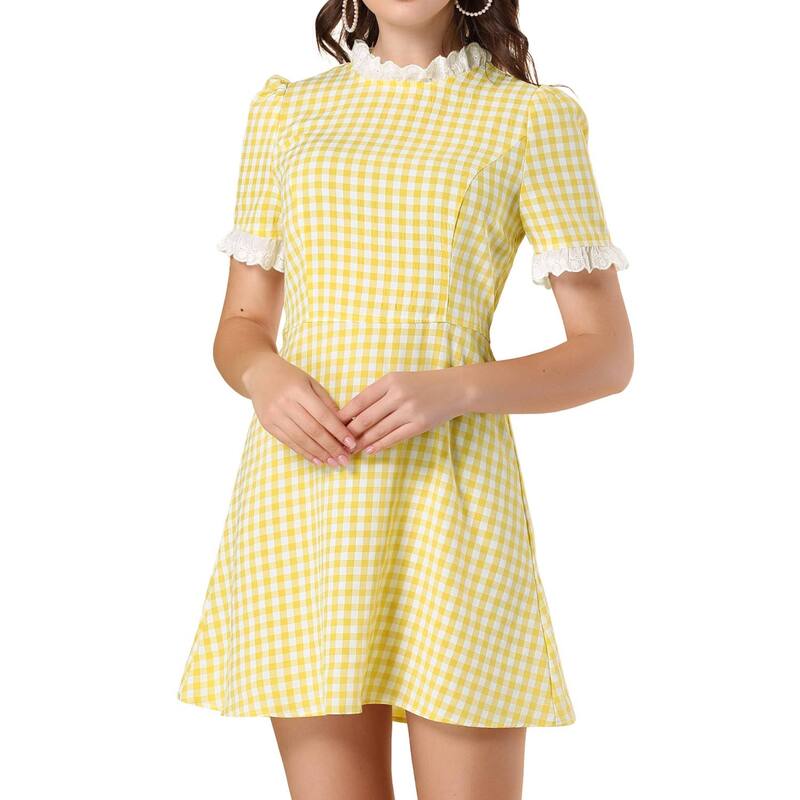 アレグラ ケー レディース トップス ワンピース ヴィンテージ フリル コントラスト ALLEGRA K Women's Ruffle Neck Contrast Panel Color Vintage Short Sleeve Dresses Yellow イエロー