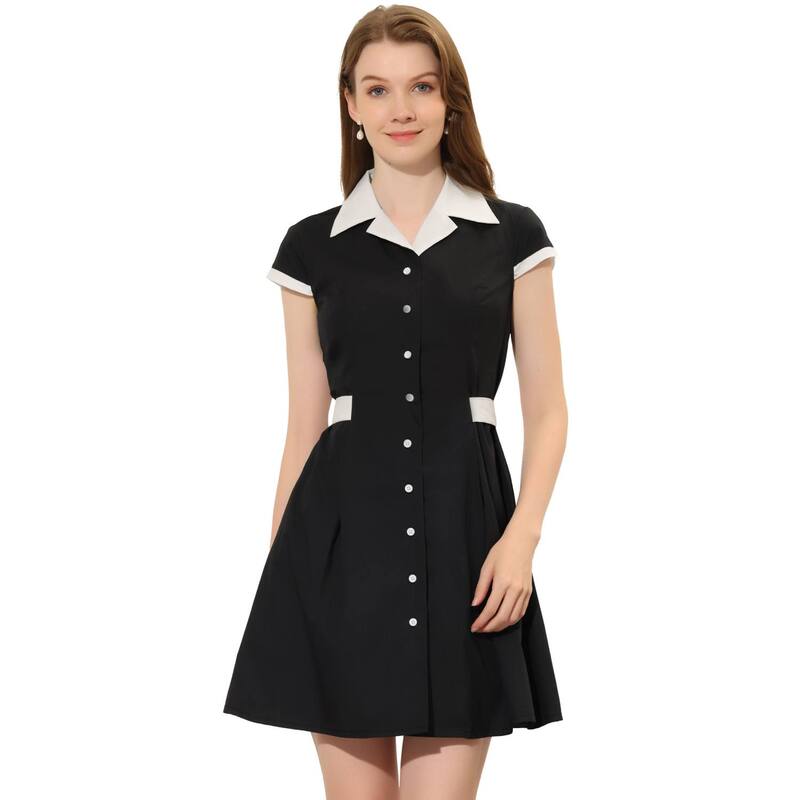 アレグラ ケー レディース トップス ワンピース A ライン シャツ コントラスト ALLEGRA K Women's Work Contrast Collar Button Front Belted A-line Shirt Dress Black ブラック 10,281円