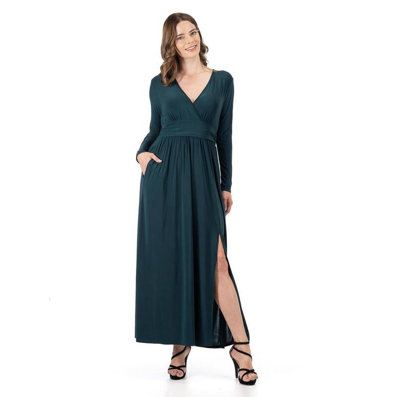 24 セブンコンフォート レディース トップス ワンピース サイドスリット Vネック マキシ Women's 24Seven Comfort Apparelong Sleeve V-Neck Side Slit Maxi Dress Hunter|ReVida 店