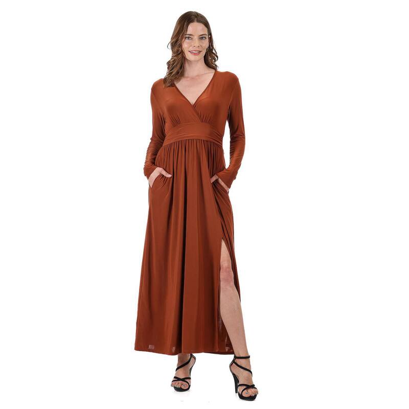 24 セブンコンフォート レディース トップス ワンピース サイドスリット Vネック マキシ Women's 24Seven Comfort Apparelong Sleeve V-Neck Side Slit Maxi Dress Tobacco