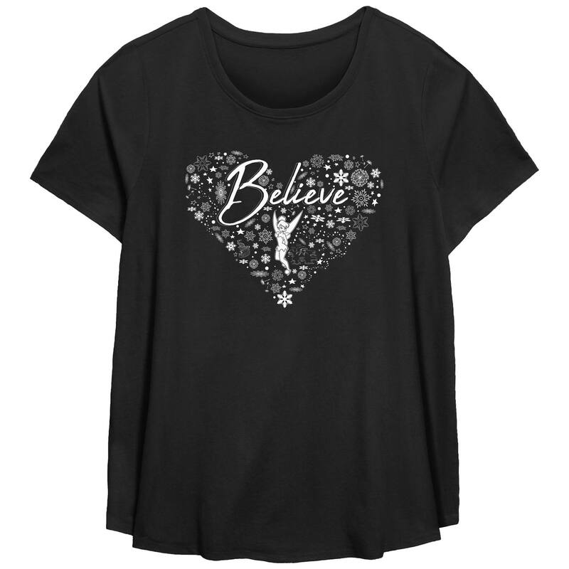 ディズニー レディース トップス Tシャツ プラスサイズ Disney's Tinker Bell Missy Plusize Believe Snowflakes Heart Scoopneck Flowy Tee Black ブラック