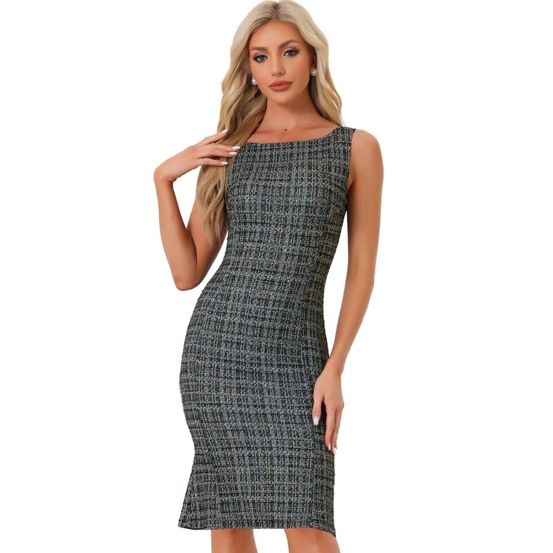 アレグラ ケー レディース トップス ワンピース ツイード ノースリーブ ALLEGRA K Tweedress for Women'summer Sleeveless Elegant Plaid Bodycon Dress Black ブラック