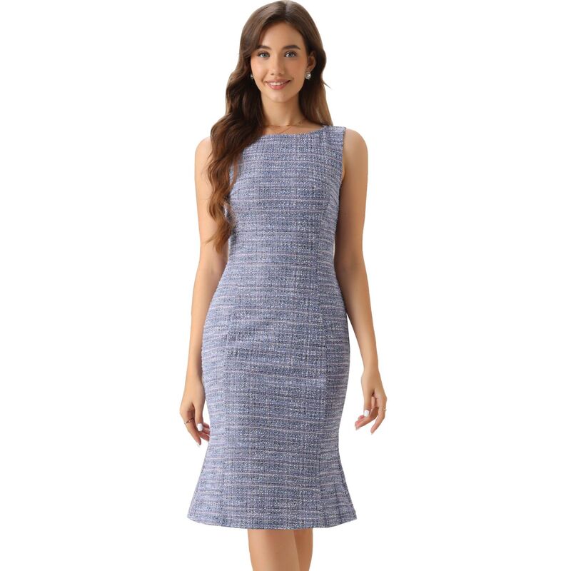 アレグラ ケー レディース トップス ワンピース ツイード ノースリーブ ALLEGRA K Tweedress for Women'summer Sleeveless Elegant Plaid Bodycon Dress Purple Blue ブルー