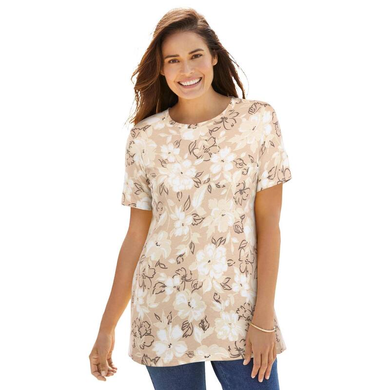 ウーマン ウィズイン レディース トップス Tシャツ クルーネック プラスサイズ プリント 半袖 Woman Within Plusize Perfect Printed Short-Sleeve Crewneck Tee New Khaki Bloom カーキ