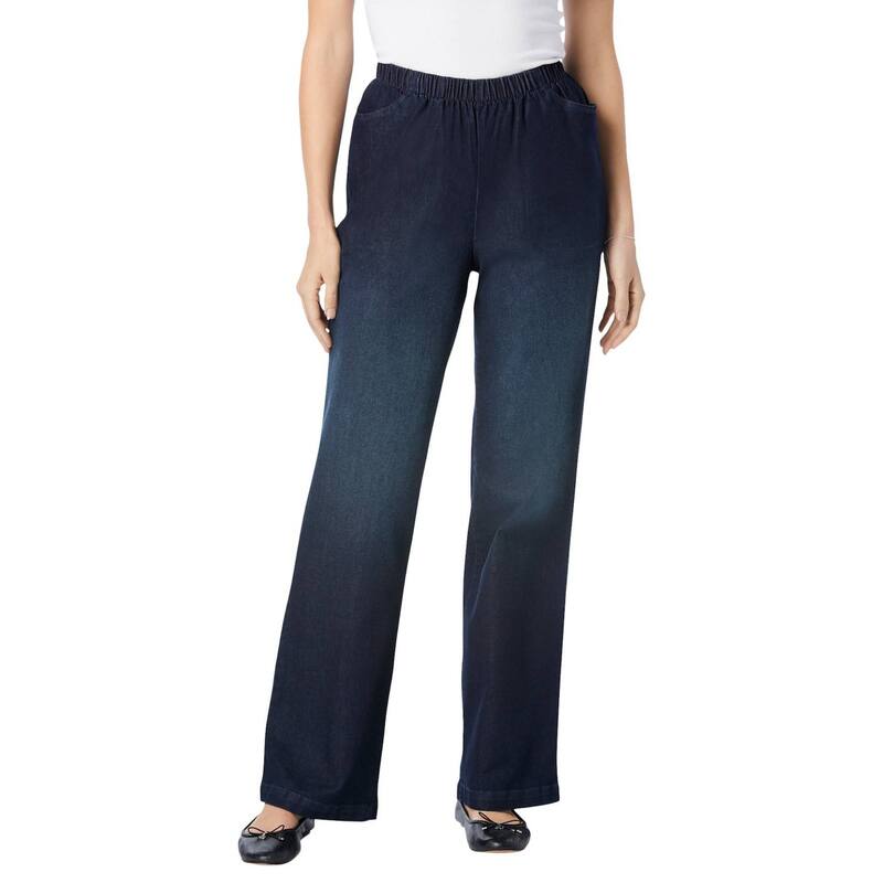 ウーマン ウィズイン レディース ボトムス デニムパンツ プラスサイズ プチ ジーンズ Woman Within Plusize Petite Fineline Stretch Denim Wide-Leg Pull-On Jeans Indigo Sanded インディゴ|ReVida 店