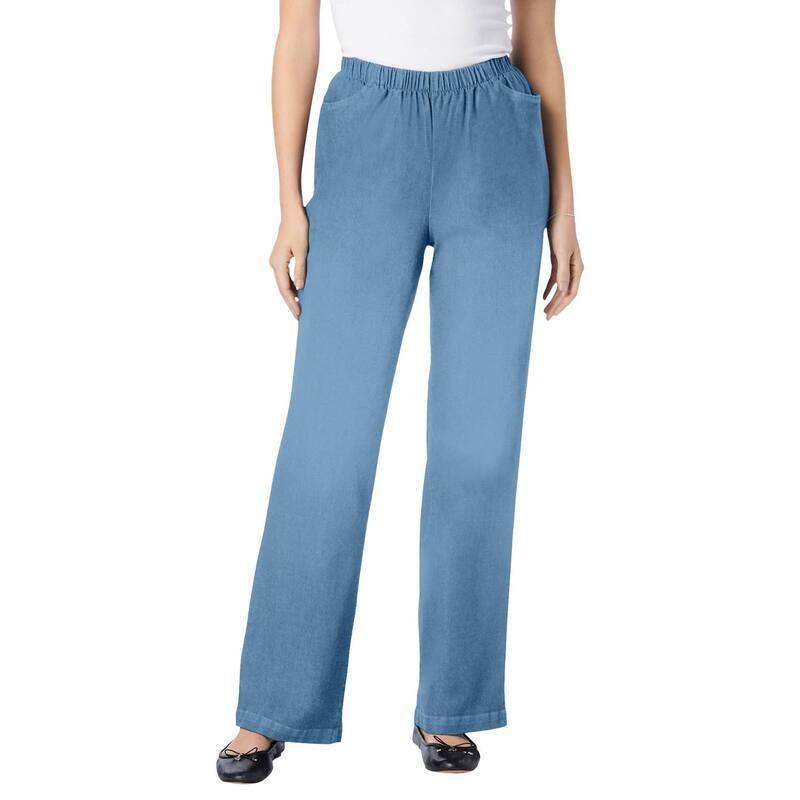 ウーマン ウィズイン レディース ボトムス デニムパンツ プラスサイズ プチ ジーンズ Woman Within Plusize Petite Fineline Stretch Denim Wide-Leg Pull-On Jeans Light Stonewash デニム｜ReVida 店 10,715円