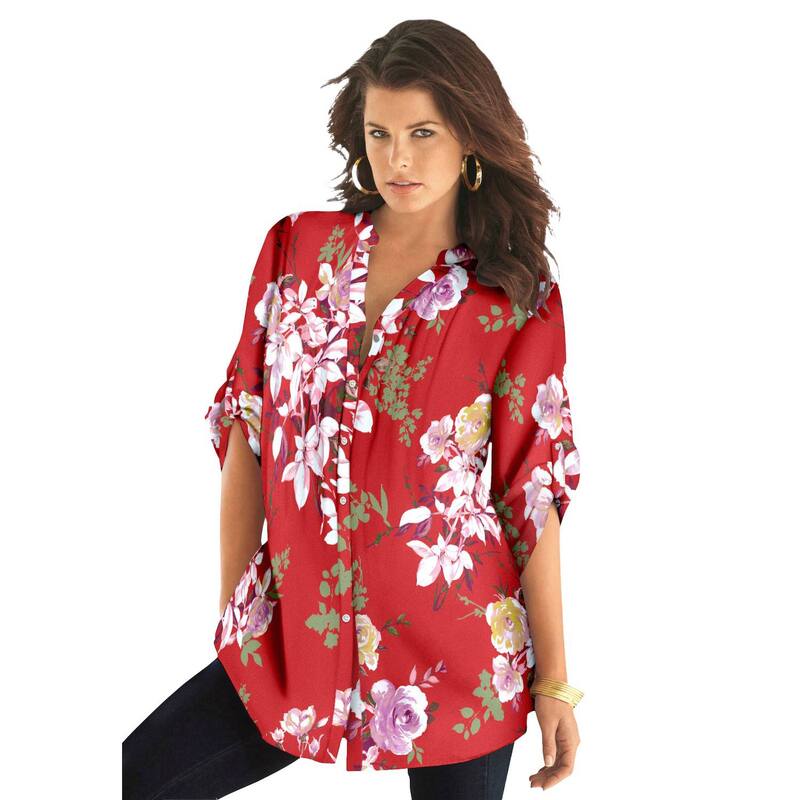 ロアマンズ レディース トップス プルオーバー 御花柄 足し加える大きさ 御花 Roaman\u0027s Women\u0027s Plusize Floral Y-Neck Pintuck Tunic Adjustable Long Sleeve Button-Front Antique Strawberry