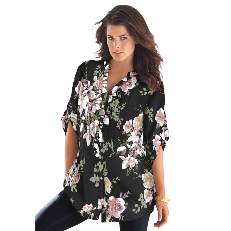 ロアマンズ レディース トップス プルオーバー 御花柄 足し加える大きさ 御花 Roaman\u0027s Women\u0027s Plusize Floral Y-Neck Pintuck Tunic Adjustable Long Sleeve Button-Front Black Romantic Rose 黒いこと
