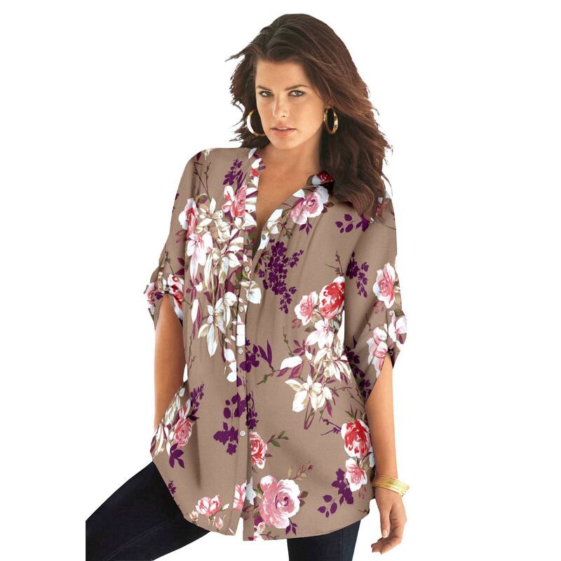 ロアマンズ レディース トップス プルオーバー 御花柄 つけ加える大きさ 御花 Roaman\u0027s Women\u0027s Plusize Floral Y-Neck Pintuck Tunic Adjustable Long Sleeve Button-Front Brown Sugaromantic 赤銅色