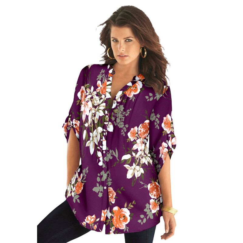 ロアマンズ レディース トップス Tシャツ フラワー柄 プラスサイズ フラワー Roaman's Women's Plusize Floral Y-Neck Pintuck Tunic Adjustable Long Sleeve Button-Front Dark Berry Romantic