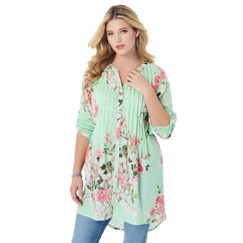 ロアマンズ レディース トップス プルオーバー 御花柄 足し加える大きさ 御花 Roaman\u0027s Women\u0027s Plusize Floral Y-Neck Pintuck Tunic Adjustable Long Sleeve Button-Front Green Mint Romantic 緑であること