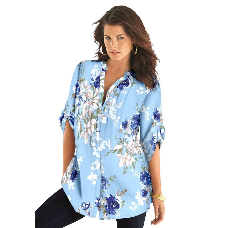 ロアマンズ レディース トップス プルオーバー 御花柄 足し加える大きさ 御花 Roaman\u0027s Women\u0027s Plusize Floral Y-Neck Pintuck Tunic Adjustable Long Sleeve Button-Front Pale Blue Romantic 青色