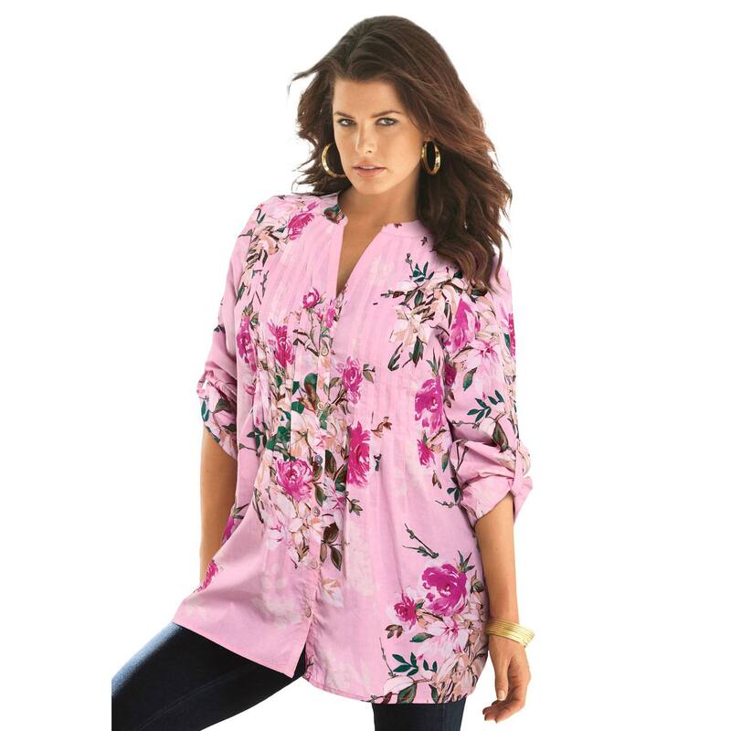 ロアマンズ レディース トップス プルオーバー 御花柄 足し加える大きさ 御花 Roaman\u0027s Women\u0027s Plusize Floral Y-Neck Pintuck Tunic Adjustable Long Sleeve Button-Front Pink Romantic Rose サクラ色