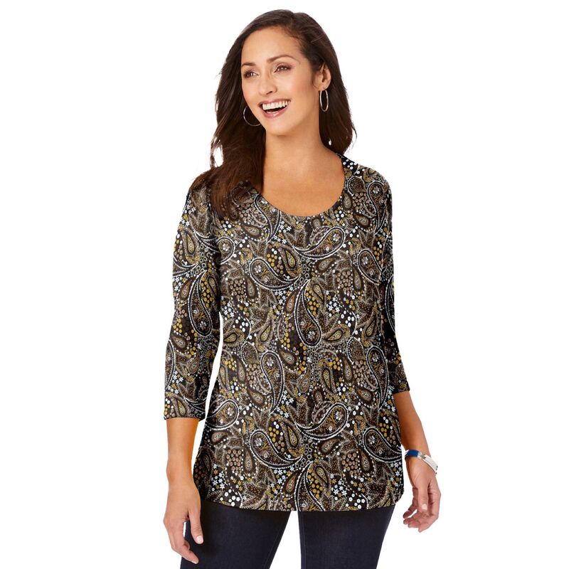 ジェシカロンドン レディース トップス Tシャツ プラスサイズ コットン Jessica London Women's Plusize Stretch Cotton Scoop Neck Tee Brown Garden Paisley ブラウン