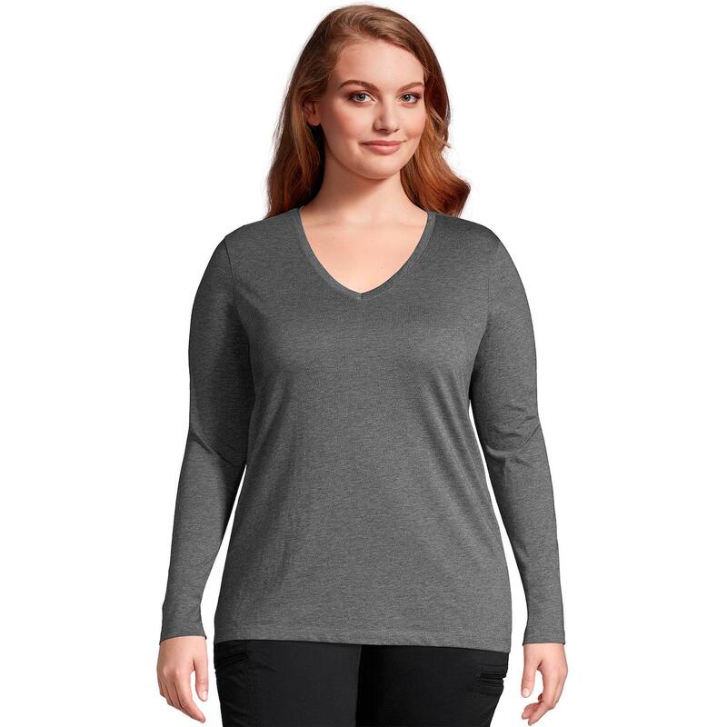 ランズエンド レディース トップス Tシャツ Vネック プラスサイズ コットン Plusize Lands' End Long Sleeve Relaxed-Fit Supima Cotton V-Neck Tee Charcoal Heather チャコール|ReVida 店