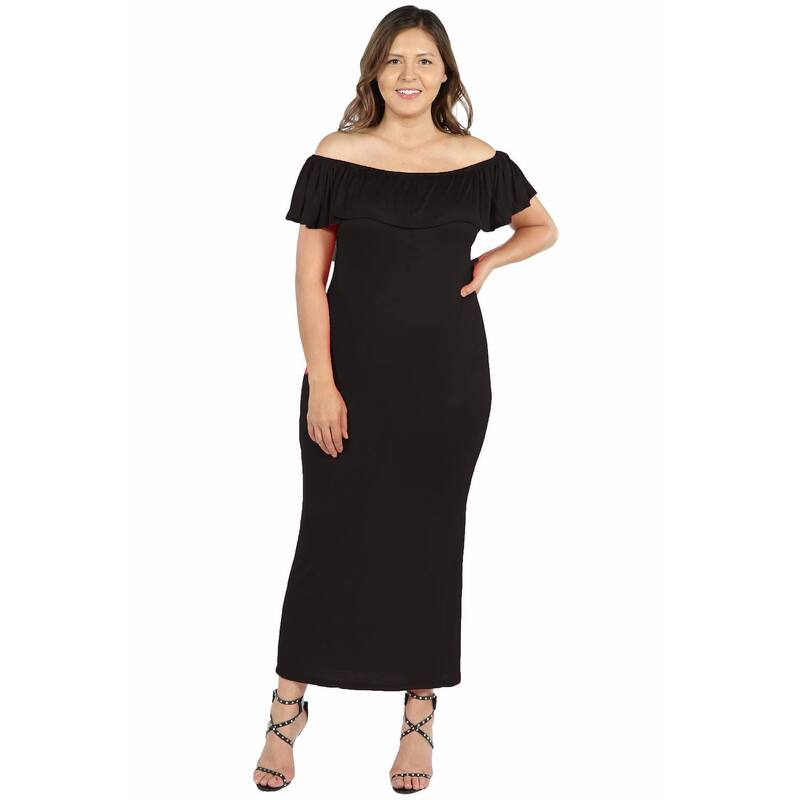 24 セブンコンフォート レディース トップス ワンピース プラスサイズ フリル マキシ Plusize 24seven Comfort Apparel Ruffled Off-The-Shoulder Maxi Dress Black ブラック