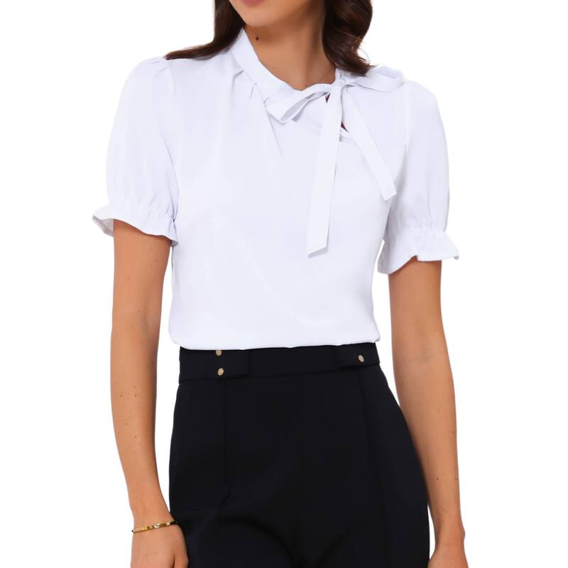 アレグラ ケー レディース トップス シャツ ブラウス ALLEGRA K Women's Bow Tie Neck Elegant Office Short Sleeve Blouse Bright White ホワイト|ReVida 店