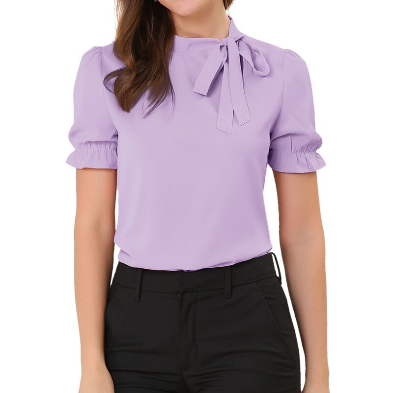 アレグラ ケー レディース トップス シャツ ブラウス ALLEGRA K Women's Bow Tie Neck Elegant Office Short Sleeve Blouse Purple パープル｜ReVida 店