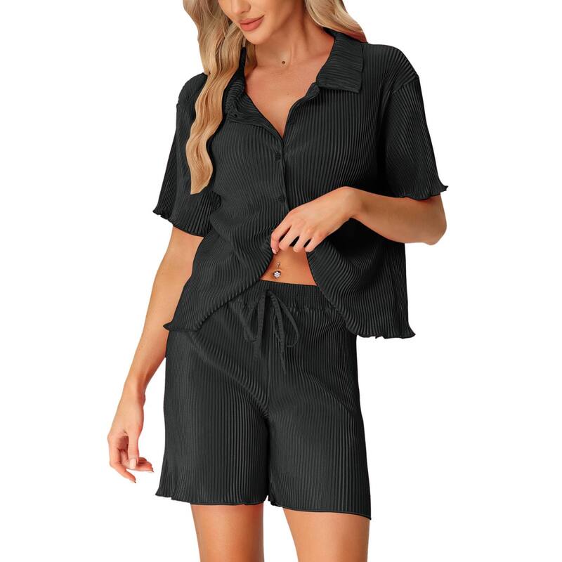 cheibear レディース アンダーウェア ナイトウェア ボタンダウン シャツ ショートパンツ ダウン cheibear Women'short Sleeve Button Down Shirt And Shorts Casual Outfits Loungewear Black ブラック｜ReVida 店