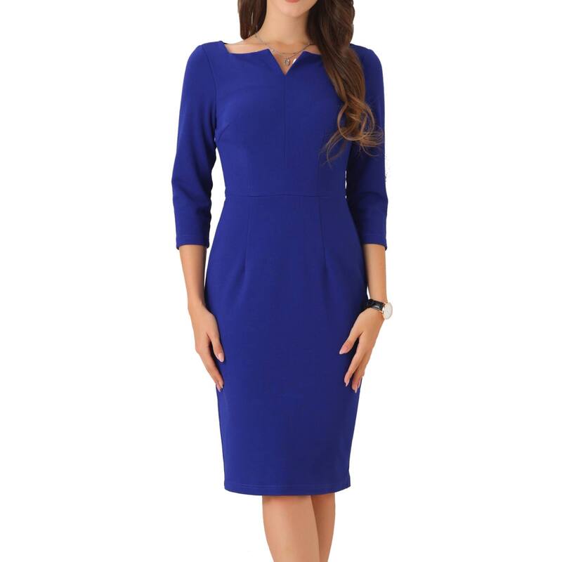 アレグラ ケー レディース トップス ワンピース Vネック ミディ ALLEGRA K Notch V Neck Dress For Women 3/4 Sleeve Work Office Business Midi Dresses Royal Blue ブルー