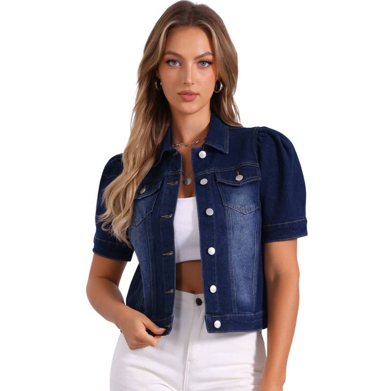アレグラ ケー レディース アウター ジャケット・ブルゾン ダウン デニム ALLEGRA K Casual Jacket for Women'short Puffy Sleeves Button-Down Jean Denim Jacket Black Blue ブラック 12,236円
