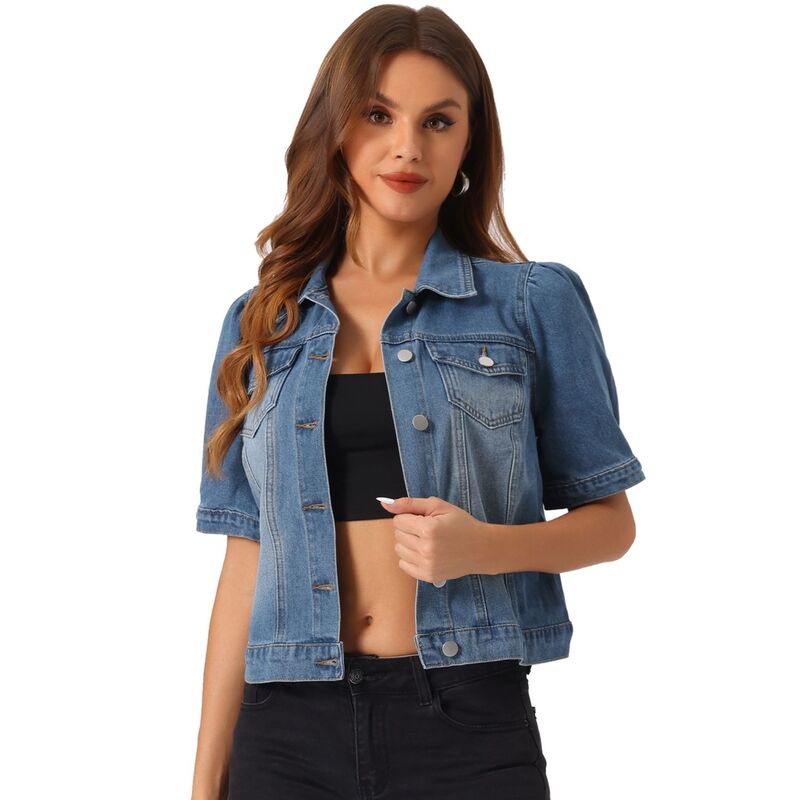 アレグラ ケー レディース アウター ジャケット・ブルゾン ダウン デニム ALLEGRA K Casual Jacket for Women'short Puffy Sleeves Button-Down Jean Denim Jacket Medium Blue ブルー