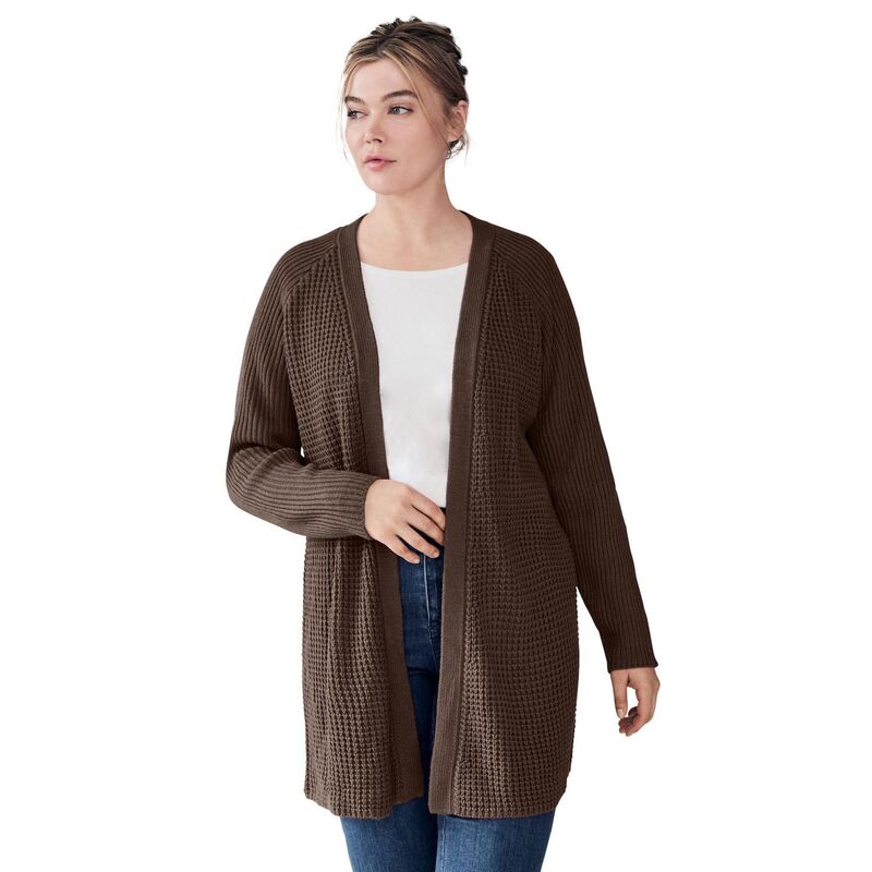 Ellos レディース アウター ニット・セーター プラスサイズ リブ カーディガン ellos Plusize Open Front Long Ribbed Sleeve Waffle Cardigan Chocolate チョコレート｜ReVida 店