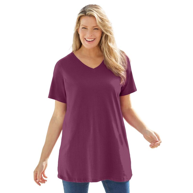 ウーマン ウィズイン レディース トップス Tシャツ Vネック プラスサイズ 半袖 Woman Within Plusize Perfect Short-Sleeve V-Neck Tunic Deep Claret
