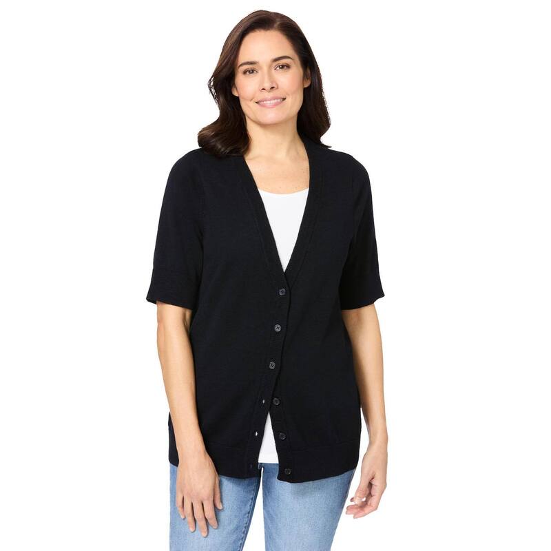 ウーマン ウィズイン レディース アウター ニット・セーター Vネック プラスサイズ カーディガン Woman Within Plusize Lightweight Short Sleeve V-Neck Cardigan Sweater Black ブラック|ReVida 店