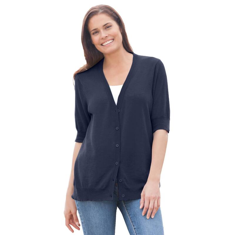 ウーマン ウィズイン レディース アウター ニット・セーター Vネック プラスサイズ カーディガン Woman Within Plusize Lightweight Short Sleeve V-Neck Cardigan Sweater Navy ネイビー