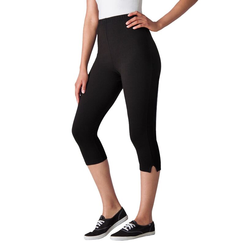 ウーマン ウィズイン レディース ボトムス カジュアルパンツ プラスサイズ コットン キャップ レギンス ニット Woman Within Plusize Stretch-Cotton Knit Pull-On Capri Leggings Black ブラック