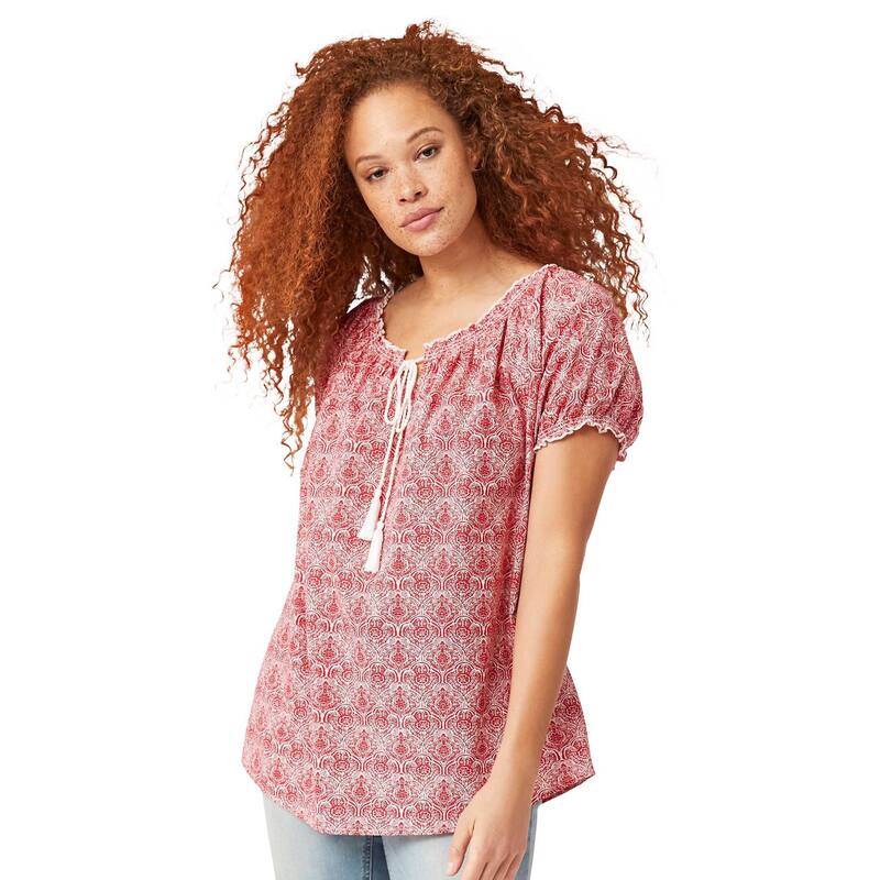Ellos レディース トップス シャツ プラスサイズ フリル ブラウス ellos Plusize Ruffle Trim Peasant Blouse Apple Red Medallion レッド