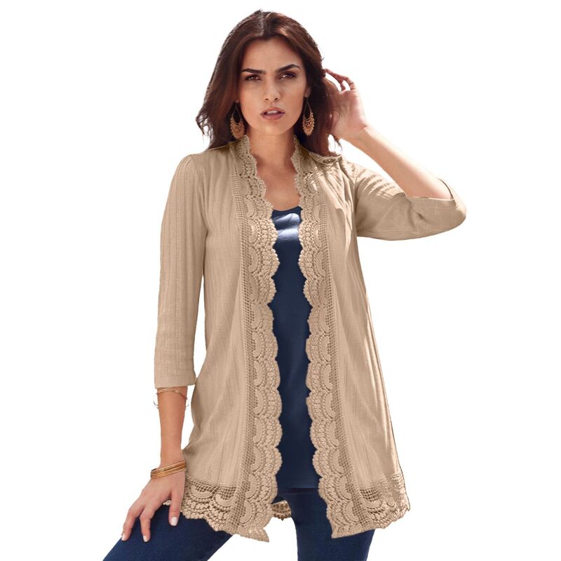 ロアマンズ レディース アウター ニット・セーター プラスサイズ カーディガン Roaman's Women's Plusize Crochetrim Pointelle Cardiganew Khaki カーキ