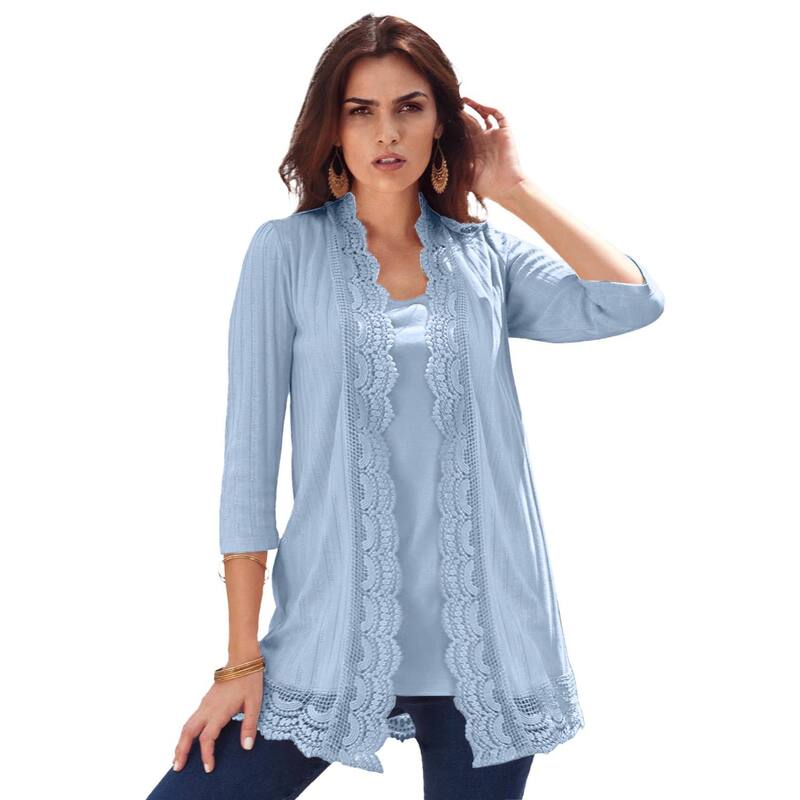 ロアマンズ レディース アウター ニット・セーター プラスサイズ カーディガン Roaman's Women's Plusize Crochetrim Pointelle Cardigan Pale Blue ブルー