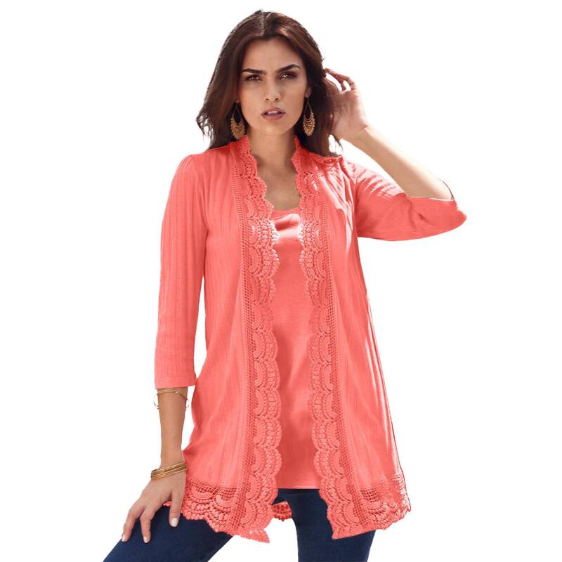 ロアマンズ レディース アウター ニット・セーター プラスサイズ カーディガン Roaman's Women's Plusize Crochetrim Pointelle Cardigan Sunset Coral コーラル｜ReVida 店