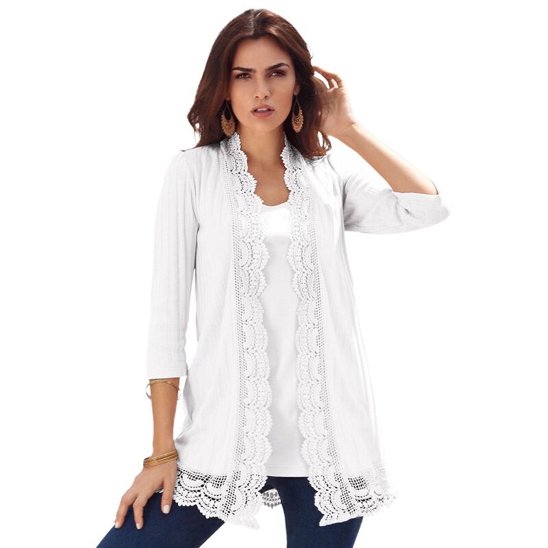 ロアマンズ レディース アウター ニット・セーター プラスサイズ カーディガン Roaman's Women's Plusize Crochetrim Pointelle Cardigan White ホワイト