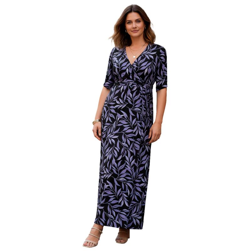 ロアマンズ レディース トップス ワンピース プラスサイズ マキシ Roaman's Women's Plusize Flutter Sleeve Wrap Maxi Dress Black Tossed Leaves ブラック|ReVida 店