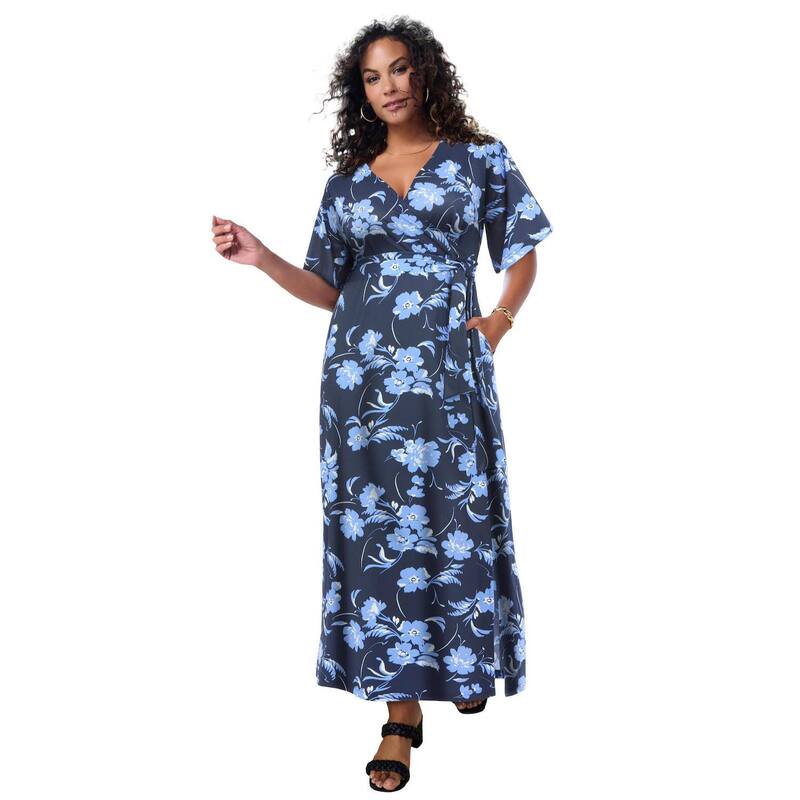 ロアマンズ レディース トップス ワンピース プラスサイズ マキシ Roaman's Women's Plusize Flutter Sleeve Wrap Maxi Dress Navy Graphic Bouquet ネイビー|ReVida 店