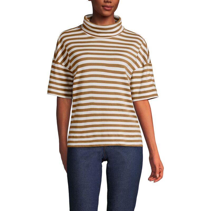 ランズエンド レディース トップス Tシャツ タートルネック Women's Lands' End Short Sleeve Supima Turtleneck Camel Even Stripe キャメル